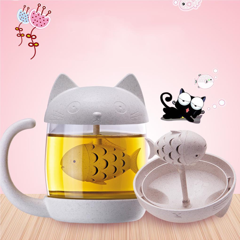 Cangkir Gelas Kaca Kucing Kartun Lucu Portable Mug Air Filter Dapat Dilepas Tahan Panas Untuk Rumah Kantor