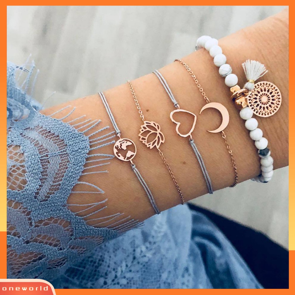 [EONE] 5pcs Wanita Gelang Stackable Adjustable Perhiasan Indah Bohemian Bracelets Untuk Pantai