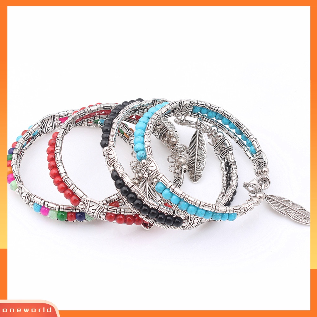 [EONE] Gelang Wanita Bentuk Bulu Bahan Alloy Imitasi Turquoise Tiga Lapis Women Bangles Untuk Hadiah