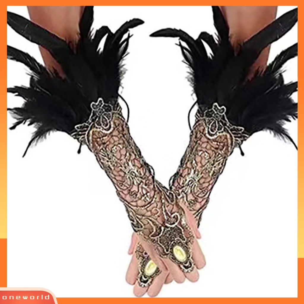 [EONE] 1pasang Showgirl Gloves Eye-catching Berlebihan Pengerjaan Halus Gaya Etnik Vintage Pakaian Tari Wanita Gothic Sarung Tangan Renda Bordir Sarung Tangan Perjamuan Aksesori