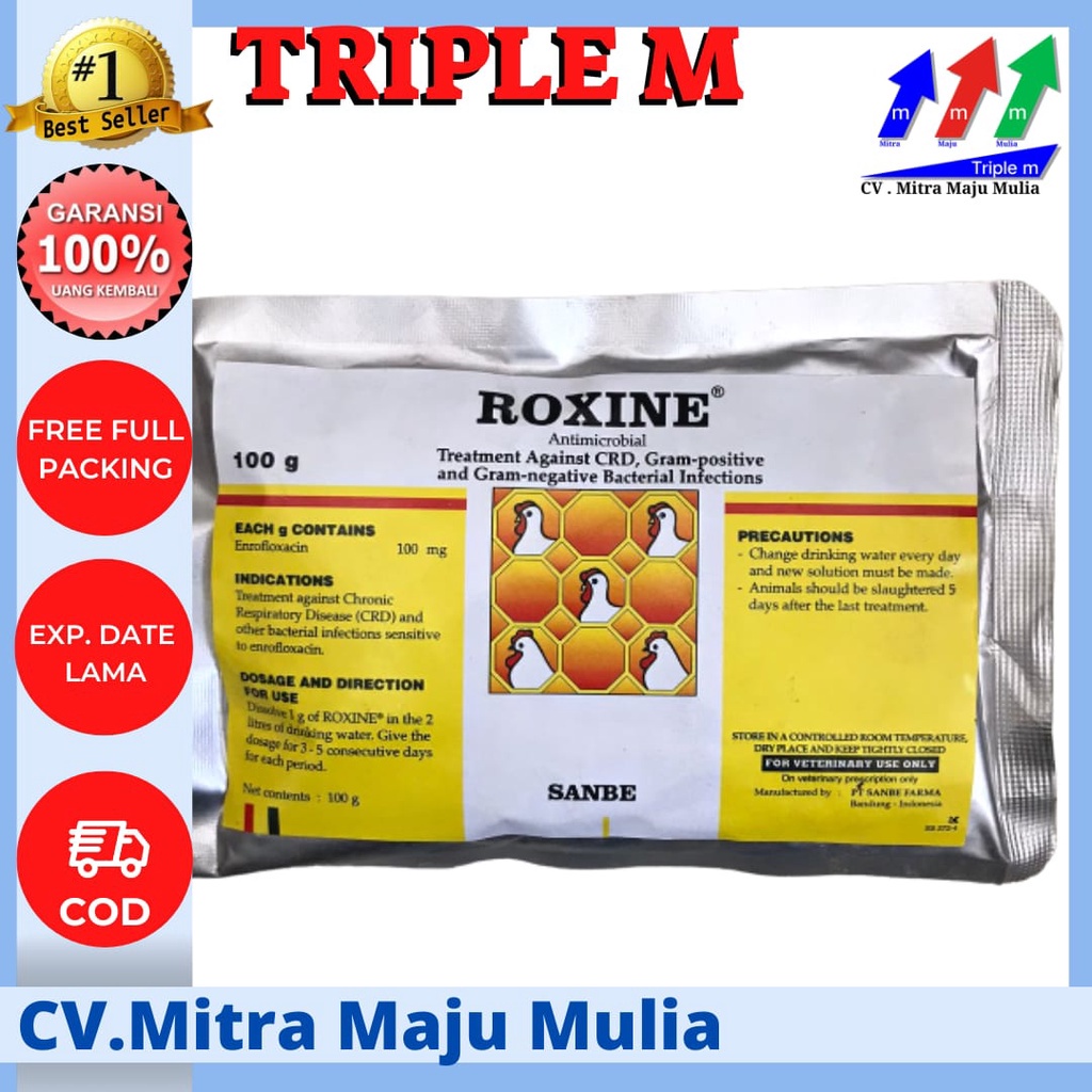 Roxine 100 gram Serbuk Antibiotik Ayam Broiler Layer CRD Collibasilosis dll PT Sanbe Farma