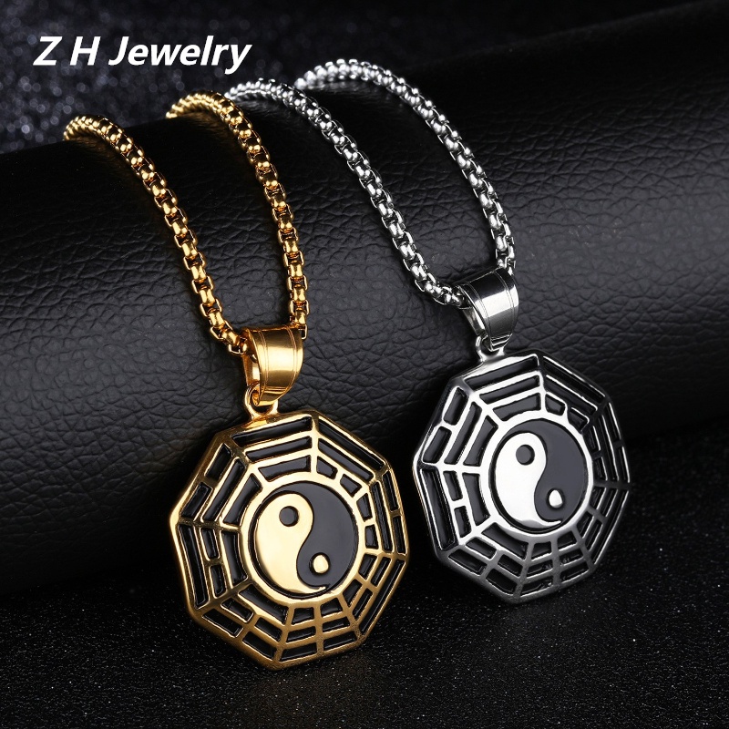 [Z H Jewelry] Vintage Bagua Jimat Hip Hop Tai Chi Kompas Liontin Pria Dan Wanita Fashion Stainless Steel Kalung Punk Pesta Batu Baja Titanium Perhiasan Aksesoris