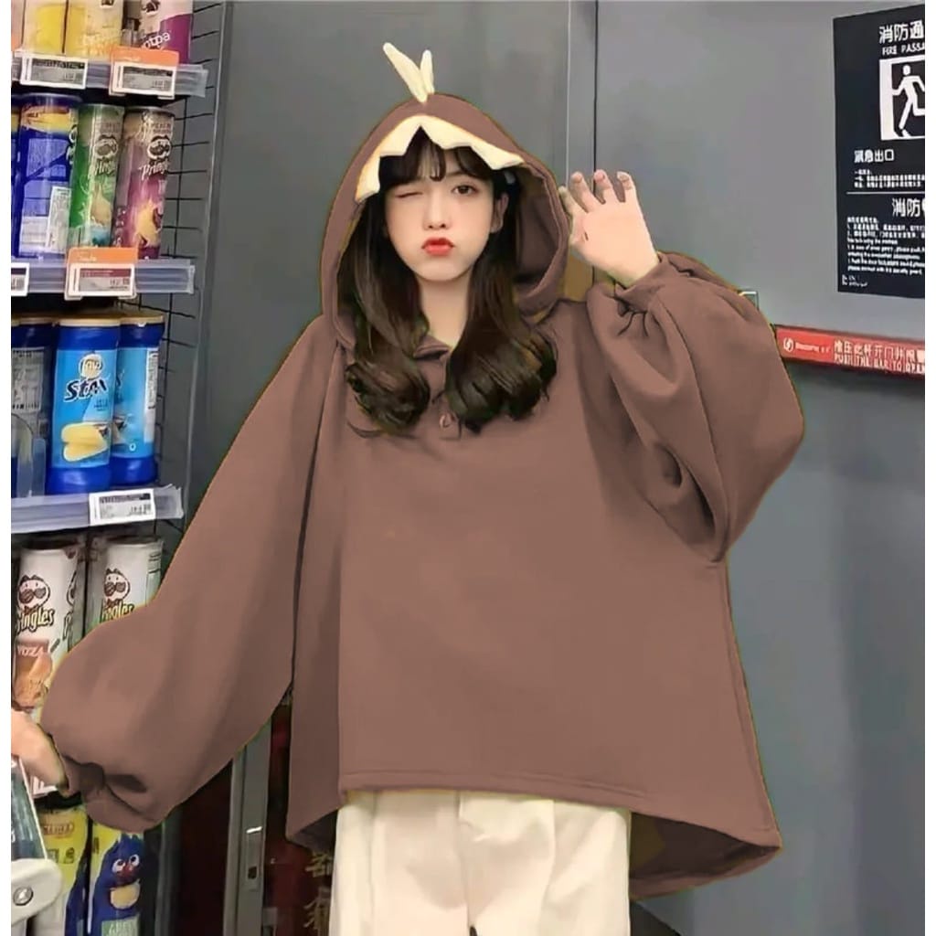 Dino Cute Sweater Outerwear Hoodie Wanita Remaja Korean Style Matt Fleece Tebal Polos Basic Premium