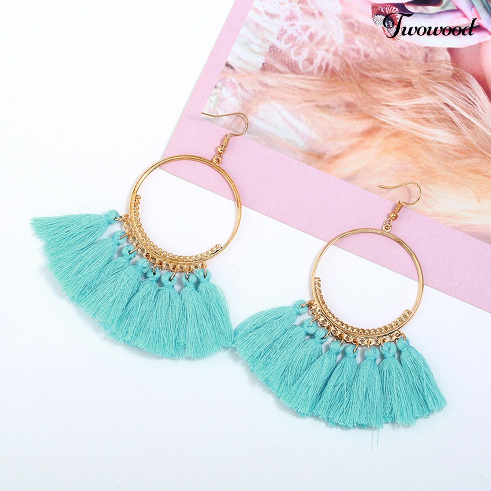 Twowood Bohemia Wanita Besar Cincin Drop Menjuntai Jumbai Anting Ear Hook Pesta Perhiasan Hadiah