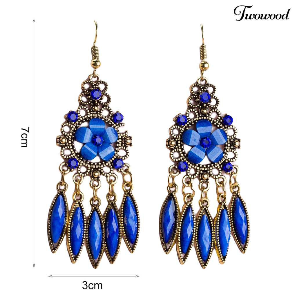 Twowood 1pasang Anting Wanita Bentuk Bunga Rumbai Berlian Imitasi Mengkilap Drop Earrings Untuk Prom