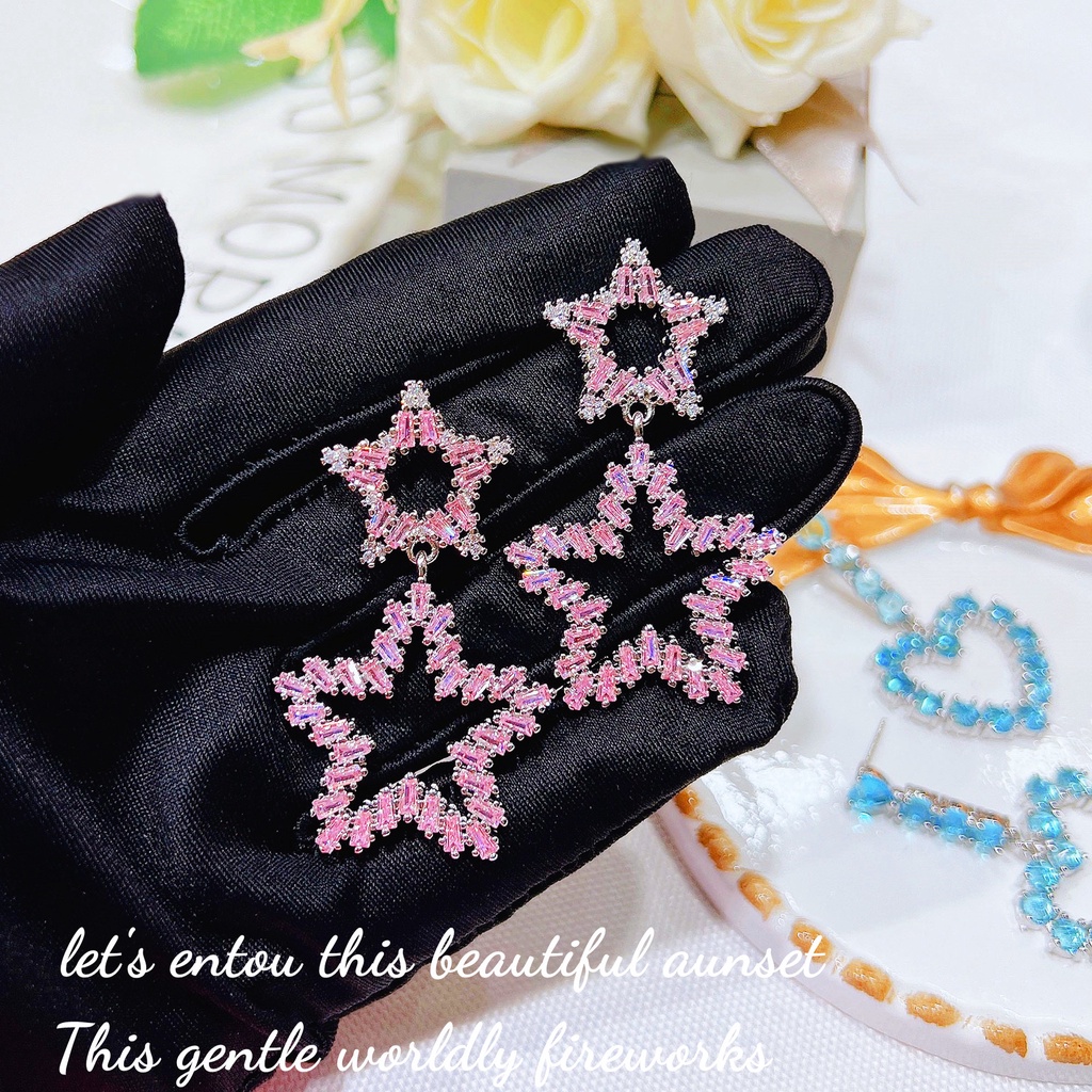 Goldkingdom Aksesoris Perhiasan Fashion Ready Stock T Square Pink Star Shaped Earrings Anting Pejantan Berlian Merah Muda Panjang