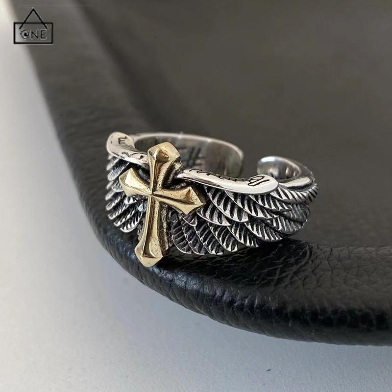 COD❤️Cincin Pria Vintage Wings Cross Grafiti Surat Terbuka Cincin Pribadi-A.one