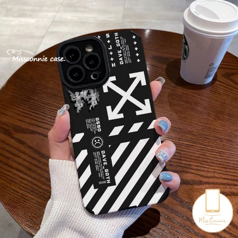 Case Stiker Kulit Tekstur Mewah Kompatibel Untuk IPhone 7Plus 11 13 14 12 Pro MAX XR X XS Max7 8 Plus Trendi Merek O.F.F-W.h.i.t.e Stripe Soft Silicon Cover