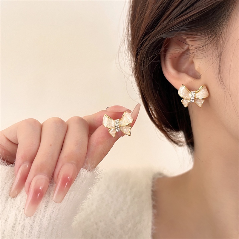 Yeezii Sweet Bow Stud Earrings Untuk Wanita Kristal Tetes Minyak Earrings Aksesoris Perhiasan