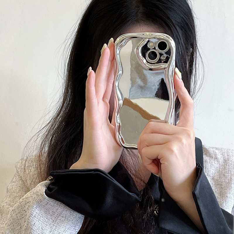 【Cream Wave】Pretty Mirror Silver Electroplate Phone Case for IPhone 11 13 12 14 PRO Max Make Up Phone Case for Women Girl