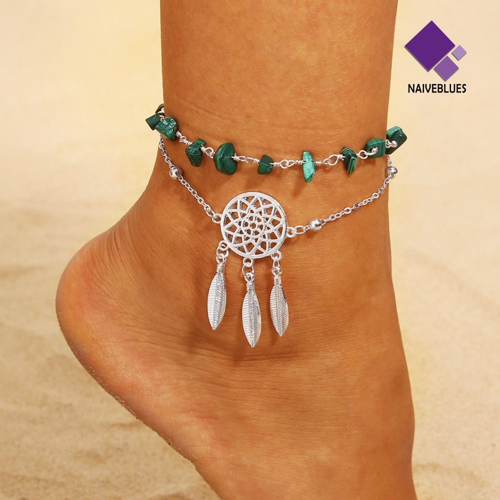 &lt; Naiveblues &gt; Wanita Multilayer Dream Catcher Faux Turquoise Beaded Foot Anklet Bracelet