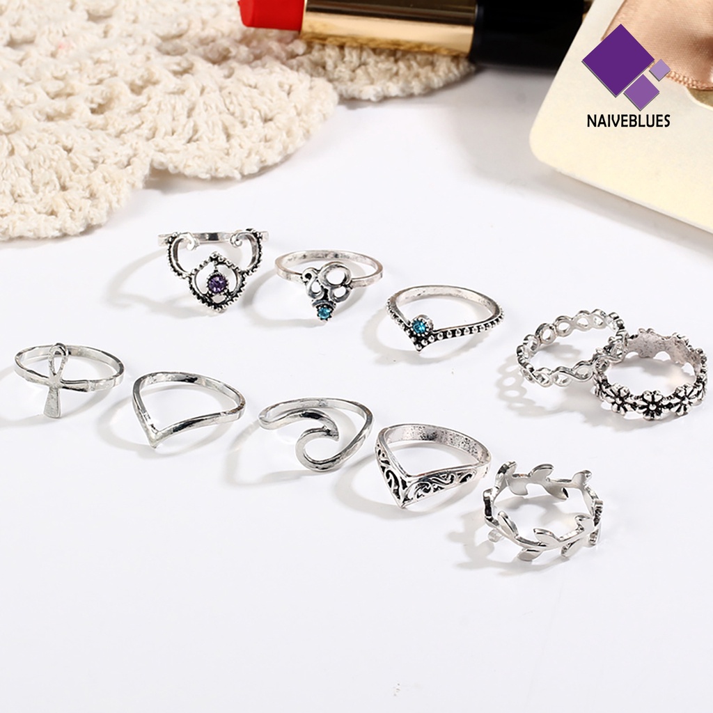 &lt; Naiveblues &gt; 10pcs Cincin Buku Jari Vintage Bentuk Bunga Wanita V Shape Band Untuk