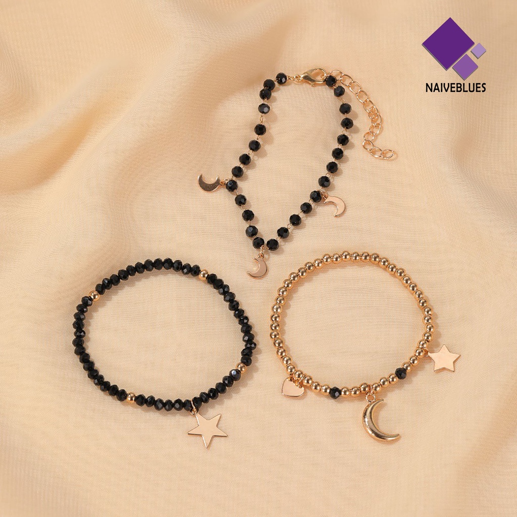 &lt; Naiveblues &gt; 3Pcs/Set Wanita Handmade Bulan Bintang Hati Liontin Resin Gelang Hitam Untuk