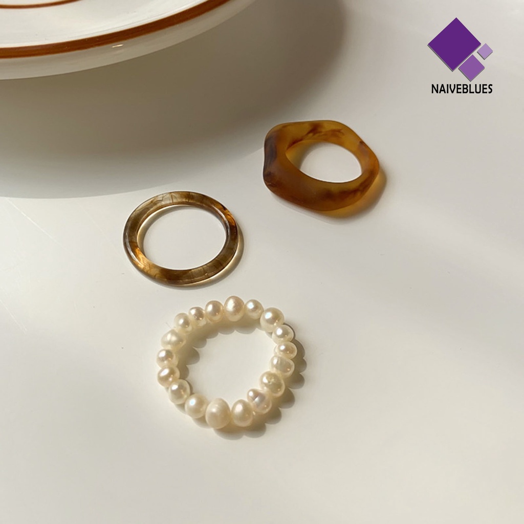 &lt; Naiveblues &gt; 3Pcs/Set Cincin Jari Gaya Berbeda All-match Mutiara Transparan Ramah Kulit Sederhana Wanita Untuk Tanggal