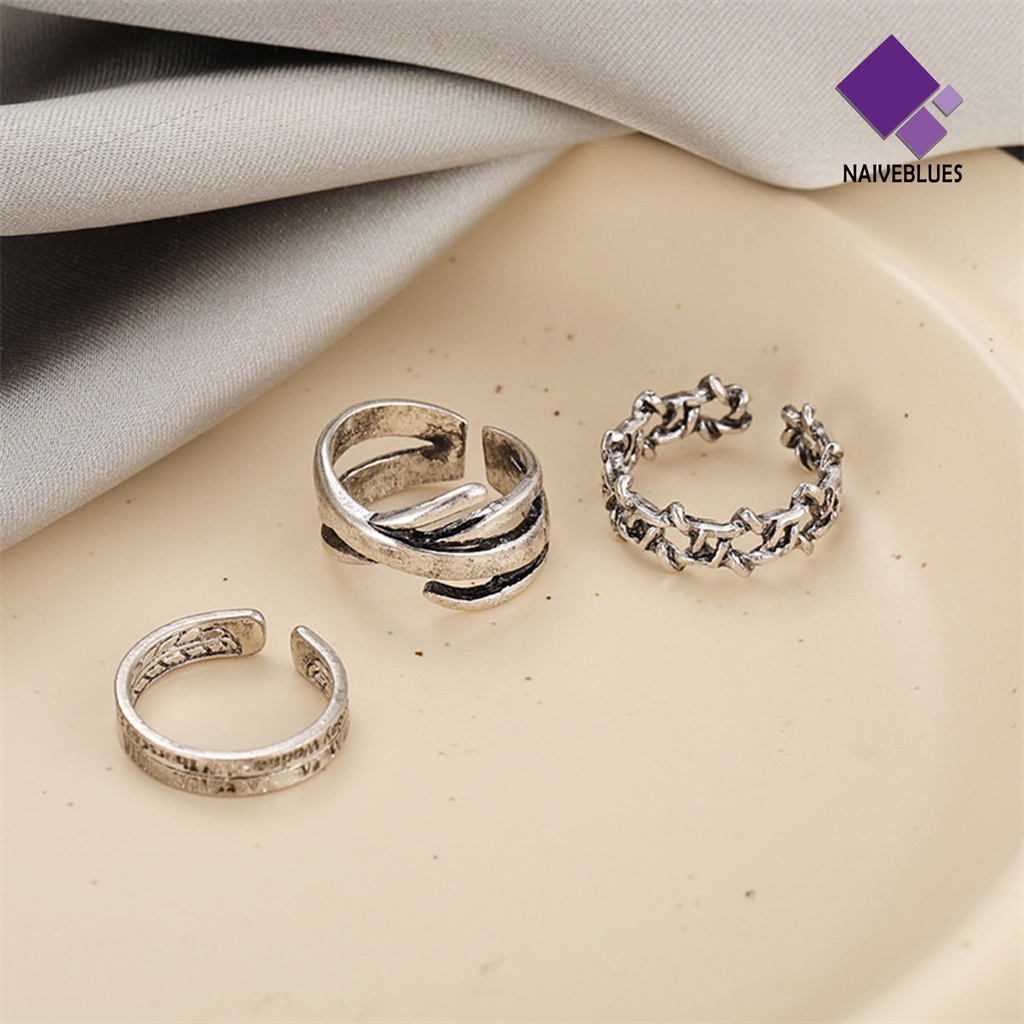 &lt; Naiveblues &gt; 3Pcs/Set Cincin Wanita Set Vintage Pink Hip Hop Geometri Bukaan Dekoratif Ladies Hexagram Angka