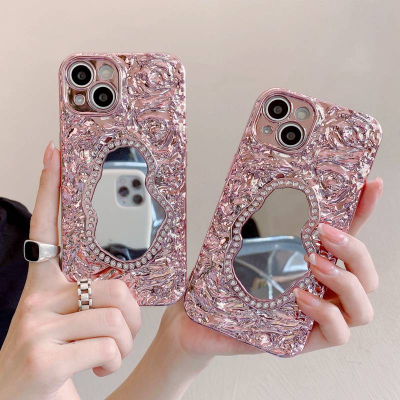 【Rose Flower Mirror】Fashion Pretty Make up Bling Silicone Case for iPhone 11 12 13 14 Pro Max Phone Case for Women Girl Gift Pink Ins