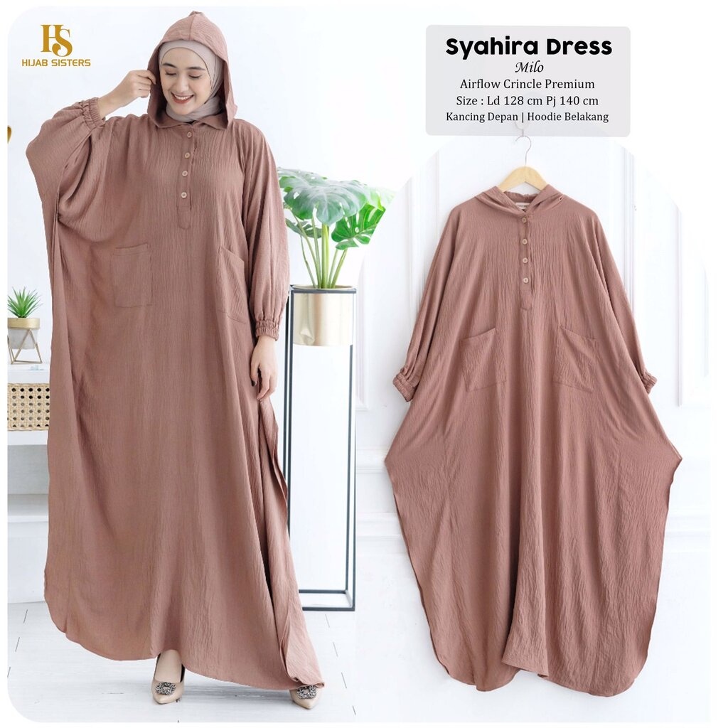 SYAHIRA Dress Hoodie ORI HIJAB SISTER | Gamis Crinkle Airflow Premium Polos Busui LD 130