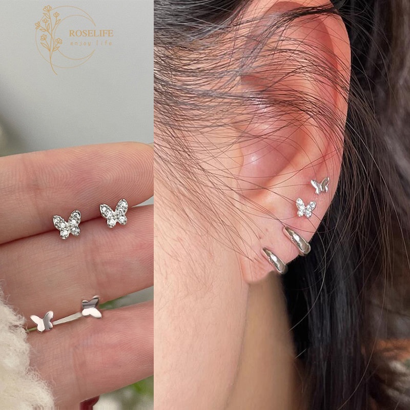 Roselife Korea S925 Perak Zirkon Kupu-Kupu Kecil Stud Anting-Anting Untuk Wanita Gadis Indah Hypoallergenic Kecil Anting-Anting Perhiasan Aksesoris 1pasang