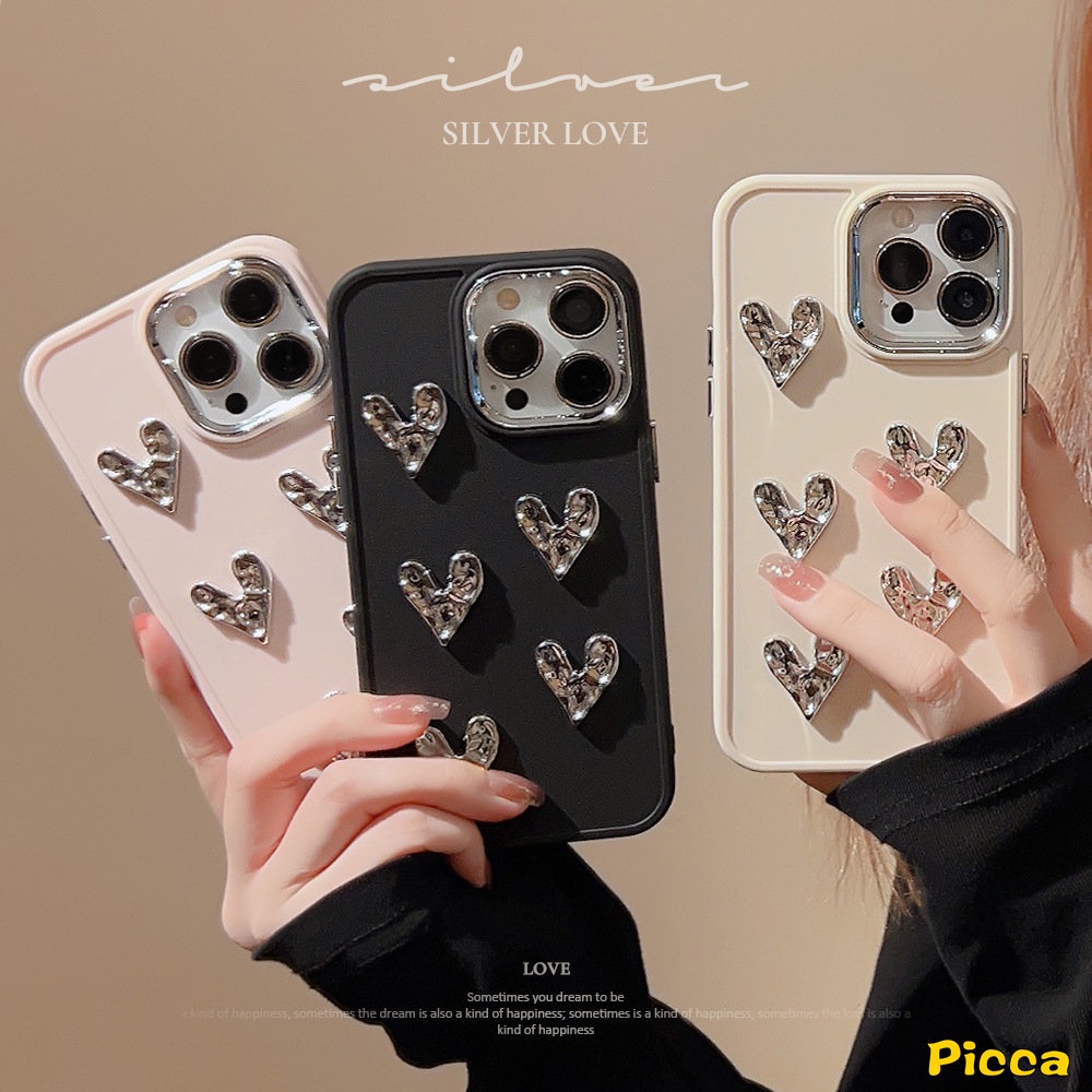 Macaron Permen Warna 3D Cinta Hati Plating Square Case Kompatibel Untuk iPhone 7Plus 13 11 XR 14 12 Pro MAX X 8Plus XS MAX Mewah Fashion Simple Warna Solid Soft Phone Cover