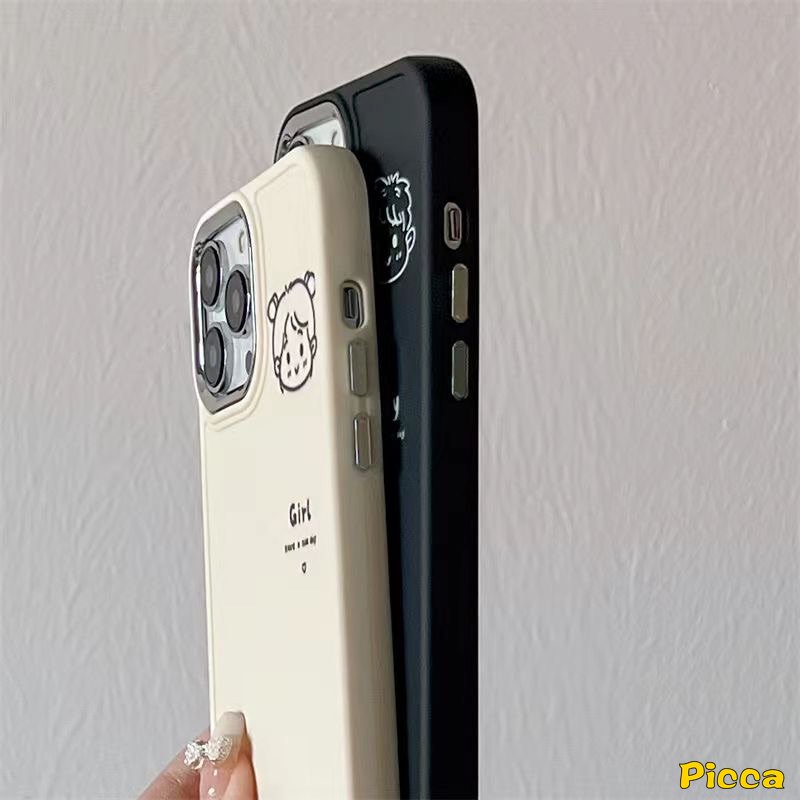 IPHONE Casing Frame Lensa Logam Plating Mewah Kompatibel Untuk Iphone7 8plus11 13 14 12 Pro MAX X XR XS MAX 7plus 8plus Kartun Pasangan Lucu Cowok Cewek Lembut Penutup Belakang