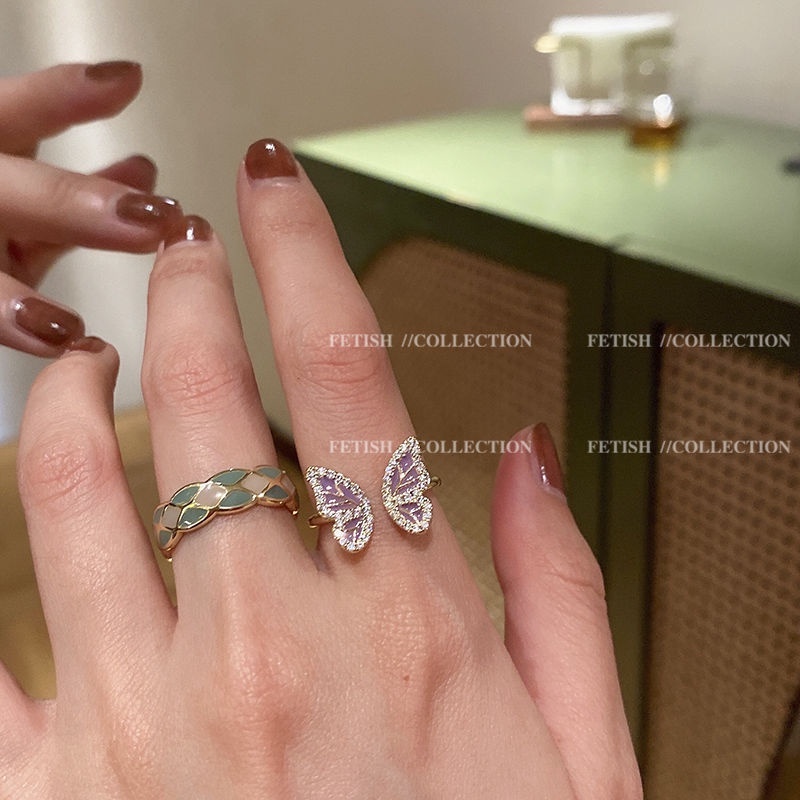 Korea Fashion Elegan Wanita Enamel Cincin Kupu-Kupu Opal Berlian Imitasi Mutiara Ring Untuk Aksesoris Perhiasan Wanita