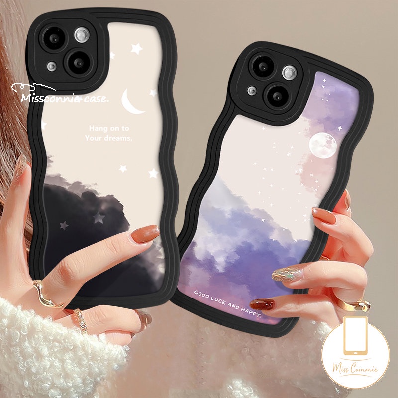 IPHONE Fantasy Casing Ponsel Bulan Bintang Langit Berbintang Kompatibel Untuk Iphone11 13 14 12 Pro Max8 6 6s 714 Plus 8Plus XR 7Plus XS Max X SE 2020 Pasangan Tepi Bergelombang Lembut TPU Cover