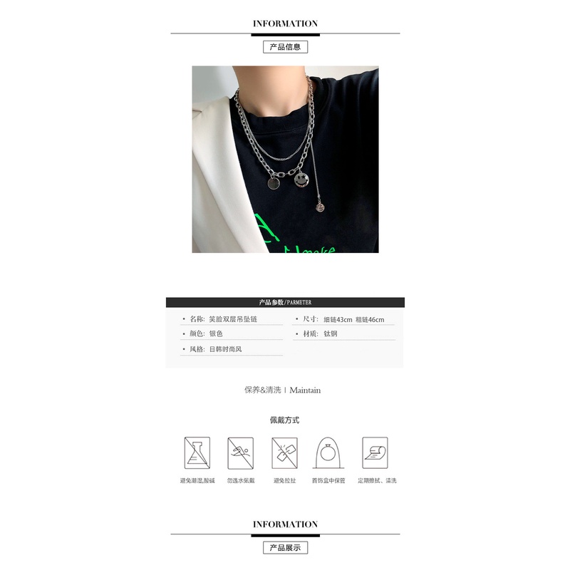 Versi Korea Korean Style Necklace ins Cool Style Smiley Face Kalung Rantai Liontin Lapisan Ganda Unik Titanium Steel Kalung Rantai Klavikula