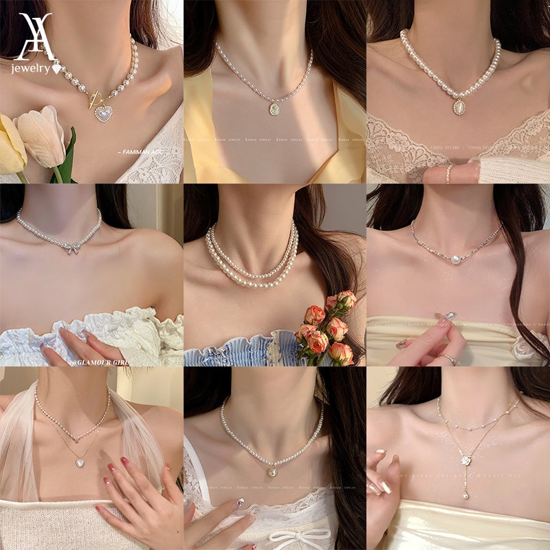 Ay (CN) Elegan Zirkon Kristal Mutiara Manik Double Layer Kalung Busur Tulip Hati Kupu-Kupu Liontin Rantai Choker Untuk Wanita Perhiasan Aksesoris