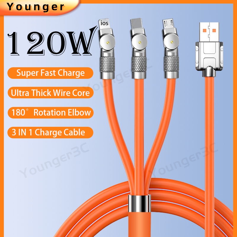 6a 180°Rotasi Kabel Pengisian Super Cepat 120W Zinc Alloy Charging Cord 3in1 Rotating Silicone Charging Wire Untuk ios Tipe C Android