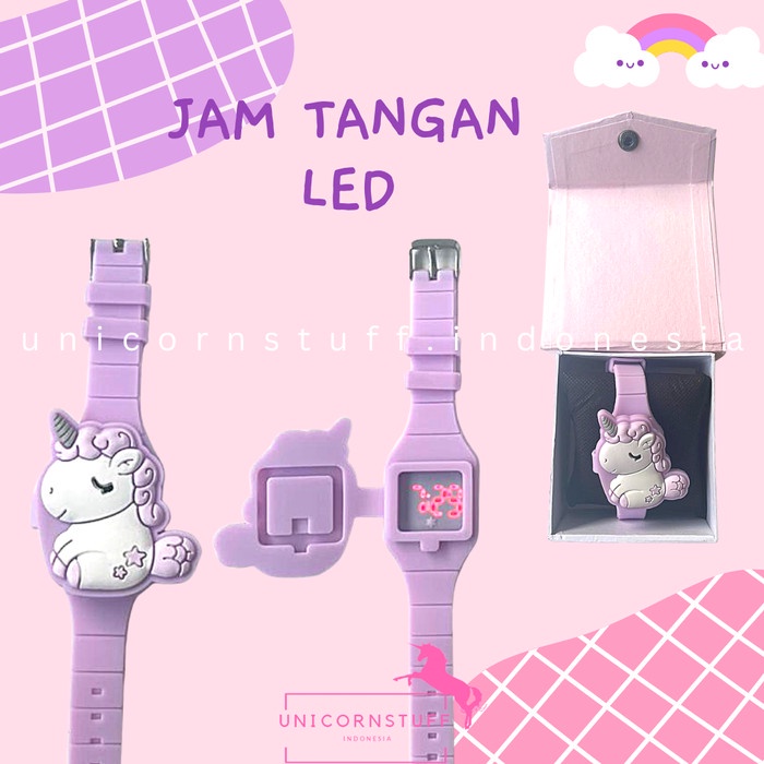 Jam Tangan Unicorn Anak Perempuan Cewek Pink LED Free Kotak Jam