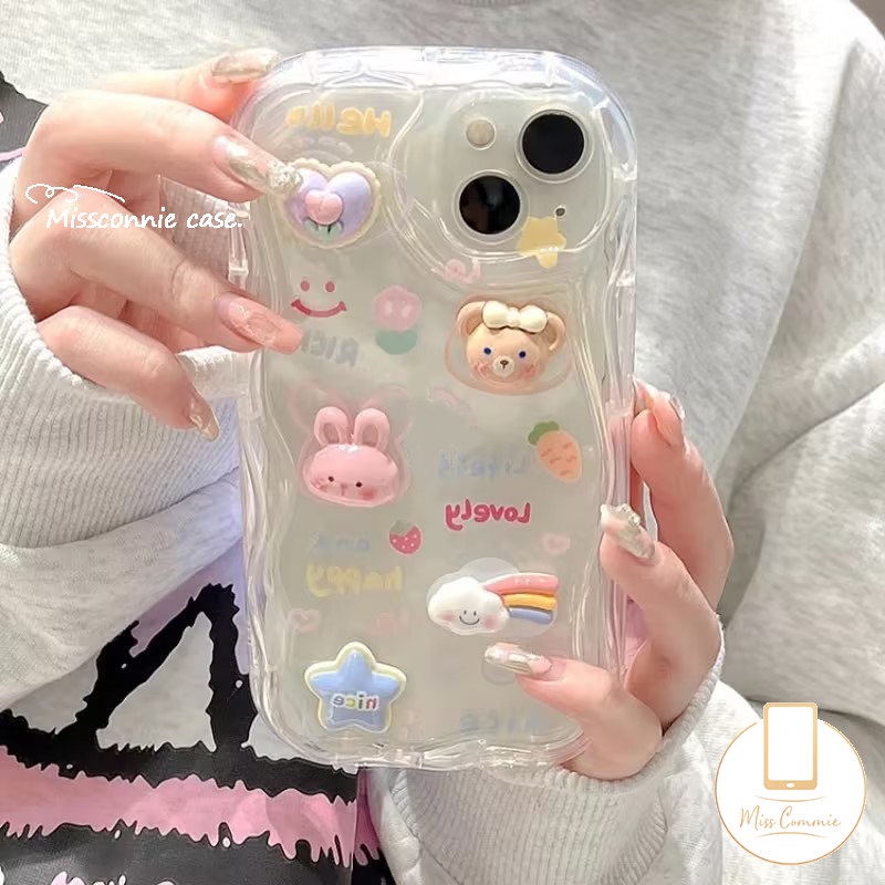 IPHONE Boneka 3D Kelinci Lucu Beruang Fantasi Awan Bintang Glossy Bergelombang Lengkung Tepi Case Cocok Untuk Iphone7 6 6s 8plus11 14 13 12 Pro Max X XR XS Max 7Plus SE 2020 Lembut Segar Bunga Cover