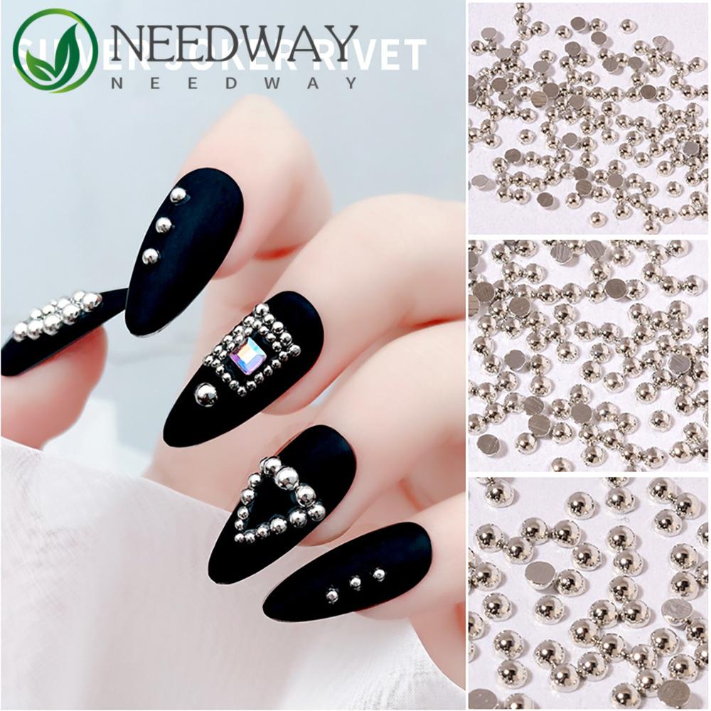 Needway   Kuku Berlian Imitasi 100 Pcs Perak Joker Paku Keling Solid Setengah Lingkaran Tamper Nail Art Dekorasi