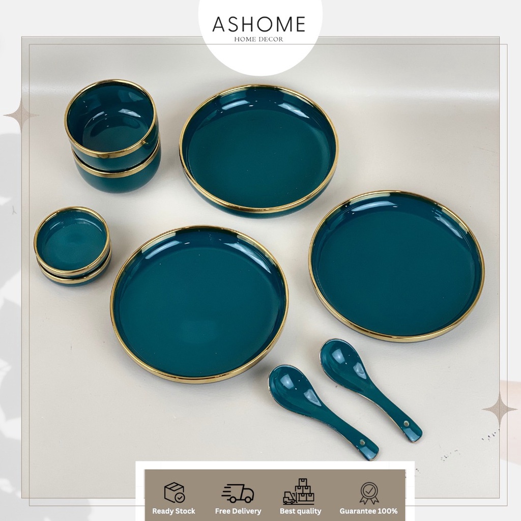 Piring Set 2 Orang Piring Makan Set Keramik Hijau Emerald Isi 9 Pcs / Piring Set Keramik List Emas /