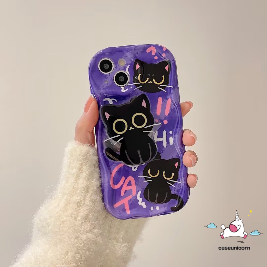 Untuk Realme C53 C55 C21Y C12 C11 C31 C35 C25 C25Y 9i 5 6i 7i 5i 5s C33 C15 C20 C3 C25s C30 C21 C17 C20A Kartun Kucing Lucu 3D Wavy Curved Edge Soft Case Dengan Bracket Stand Holder