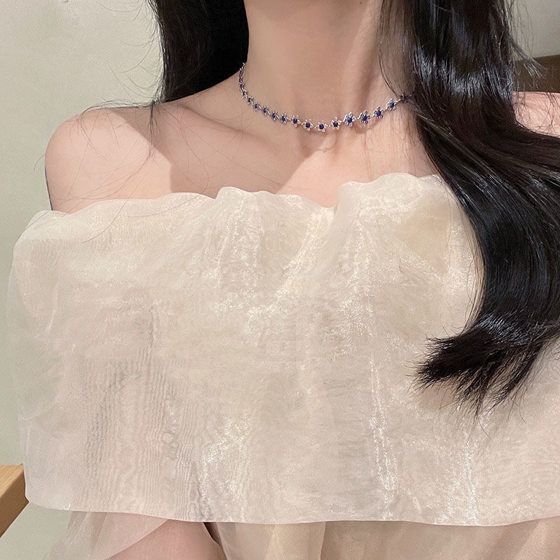 Kalung Wanita Bunga Biru Lucu Korean Style Kalung Klavikula Bunga Perak Sederhana Antik  Aksesoris Fashion Wanita