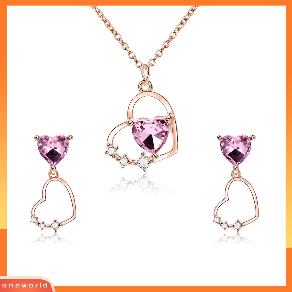 [ONE] 1set Perhiasan Aksesoris Liontin Hati Berlian Imitasi Mengkilap Kristal Imitasi Kalung Menjuntai Anting Set Perhiasan Wanita Aksesori