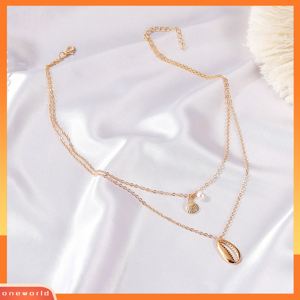 [ONE] Wanita Alloy Mutiara Imitasi Shell Liontin Manik-Manik Rantai Double Layer Choker Kalung Untuk Pesta