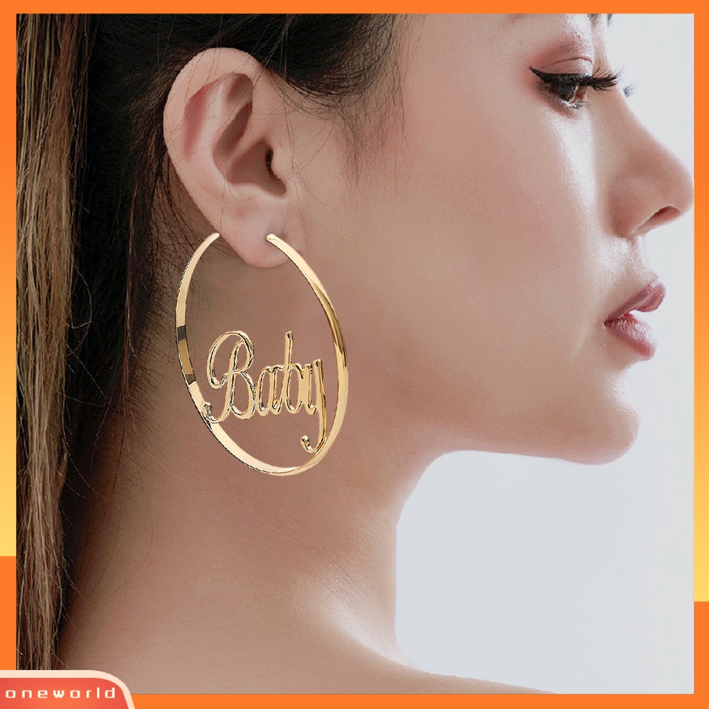 [ONE] 1pasang Anting Hoop Desain Huruf Berlebihan Anti-tarnish Perhiasan Pernikahan Alloy Besar Halus Wanita Anting Lingkaran Bulat Loop Earrings