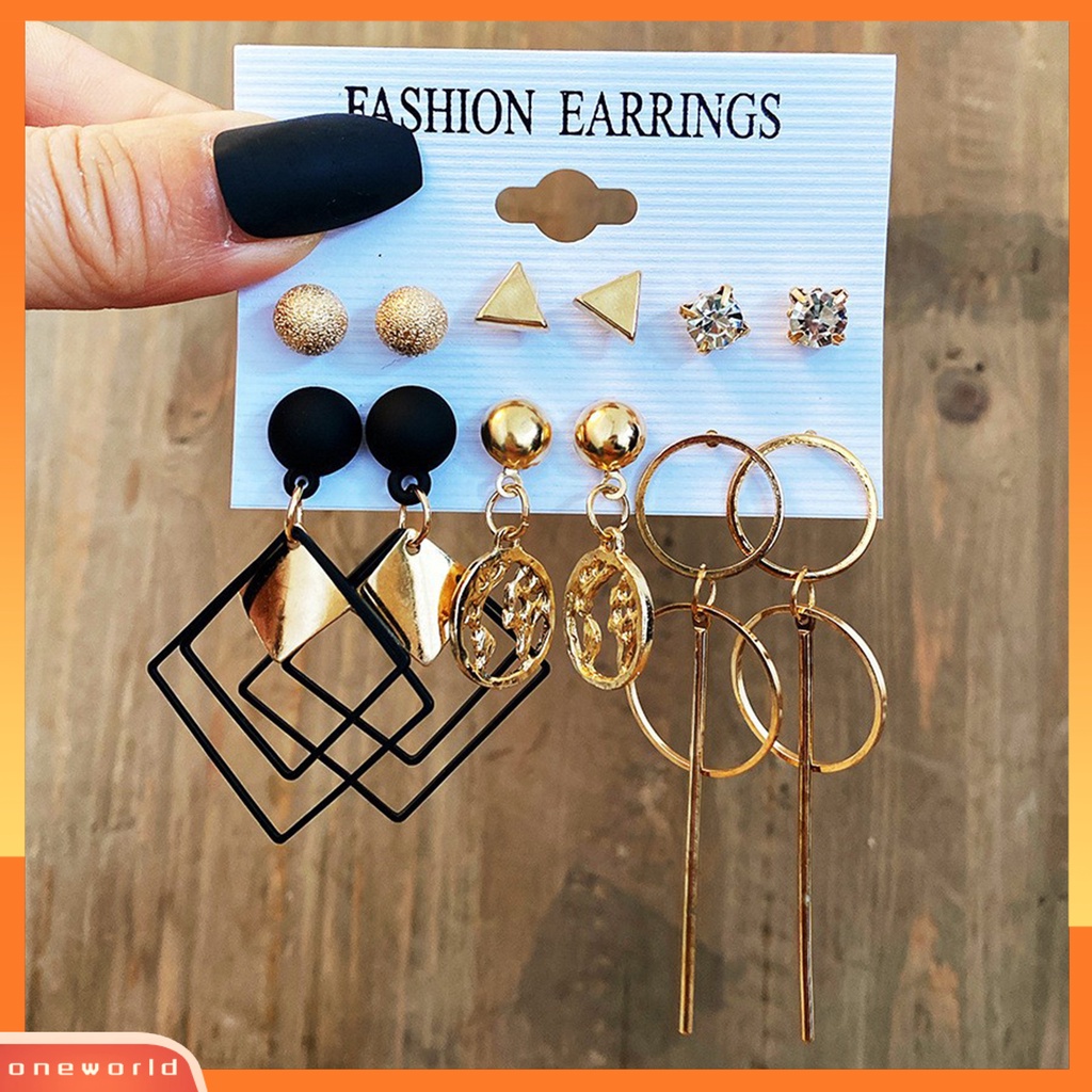 [ONE] 6pasang Anting Hoop Mutiara Imitasi Geometris Modis Dan Nyaman Menjuntai Anting Set Berongga Lingkaran Anting Perhiasan Fashion