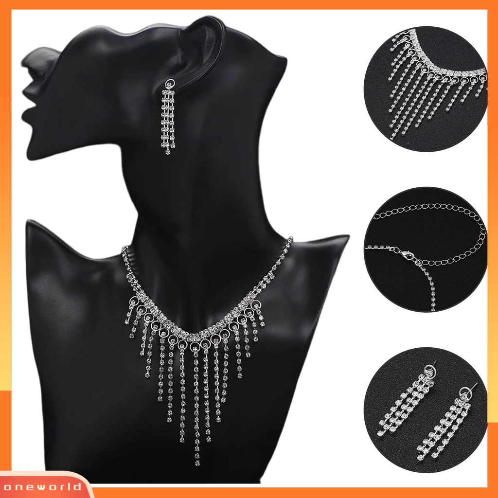 [ONE] 1set Anting Rumbai Berlian Imitasi Bertatahkan Temperamen Pengerjaan Indah Pengerjaan Tinggi Gloss Rumbai Dekorasi Shinyny Makan Berat Wanita Perhiasan Kalung Pernikahan Aksesori