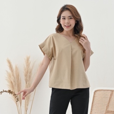 Ms Daisy Bora Pleated Sleeve top Atasan Blouse Katun Wanita V Neck Lengan Pendek