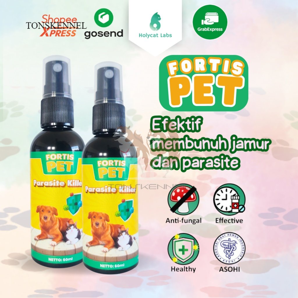 Obat Jamur Scabies Demodex Kudis Koreng Gatal pada Kucing Anjing Parasit Killer Fortis Spray 60 ML