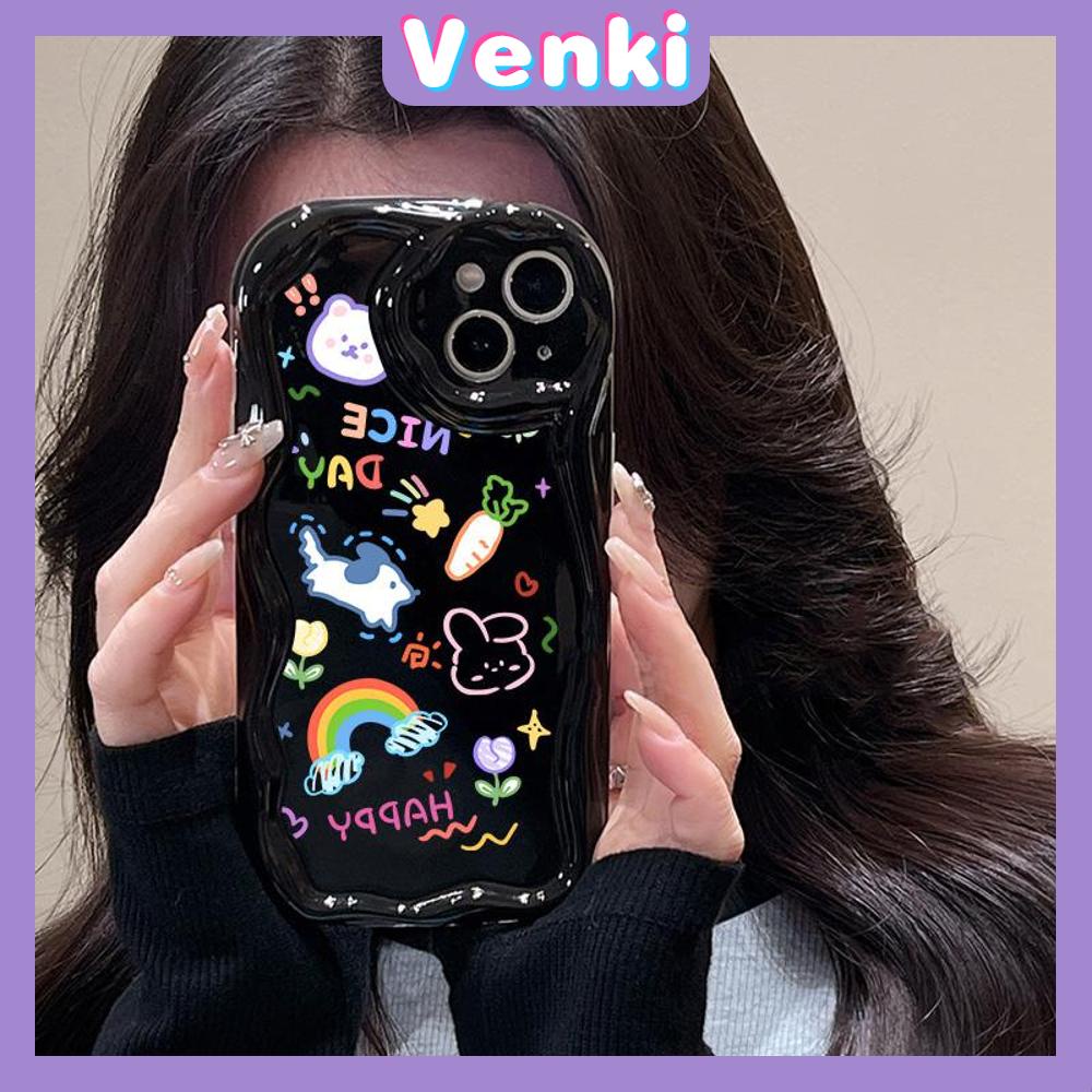 VENKI - Untuk iPhone 11 Case Tepi Melengkung Gelombang Case Glossy Hitam TPU Airbag Shockproof Kamera Case Kreatif Lucu Ikon Kecil Kompatibel dengan iPhone 14 13 Pro max 12 Pro Max xr xs 7 8