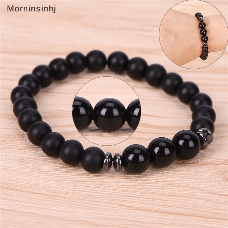 Mornin Fashion Mens Black Tourmaline Matte Agate Stone Protection Yoga Manik-Manik Stretch Gelang id