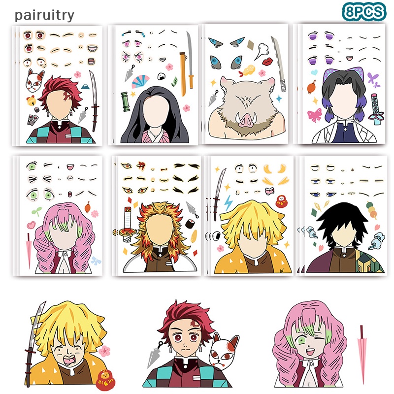 Prt 8PCS Anak DIY Puzzle Stiker Demon Slayer Wajah Lucu Merakit Anime Kreatif Tahan Air Stiker Mainan Anak Cowok Cewek Hadiah PRT