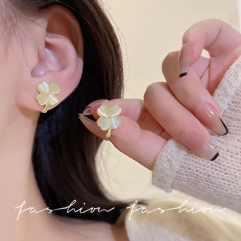 925jarum Perak Korea Opal Empat Daun Anting Bunga Mode Sederhana Ear Studs Earrings