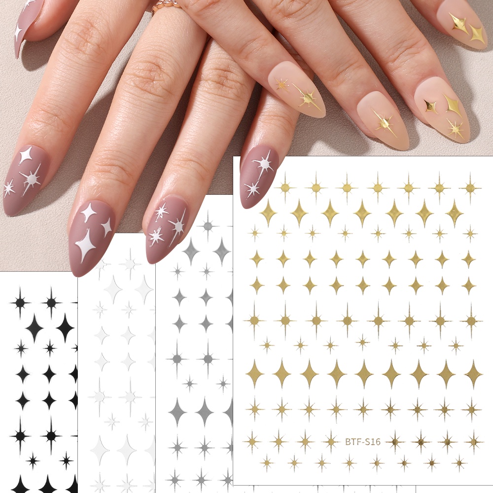 [Unggulan] 1pc 3D Self-Adhesive Star Nail Decals French Four-pointed Star Nail Stickers Simple Gold Silver Manicure Decor DIY Nail Art Alat Kuku Aksesoris Kuku Untuk Wanita