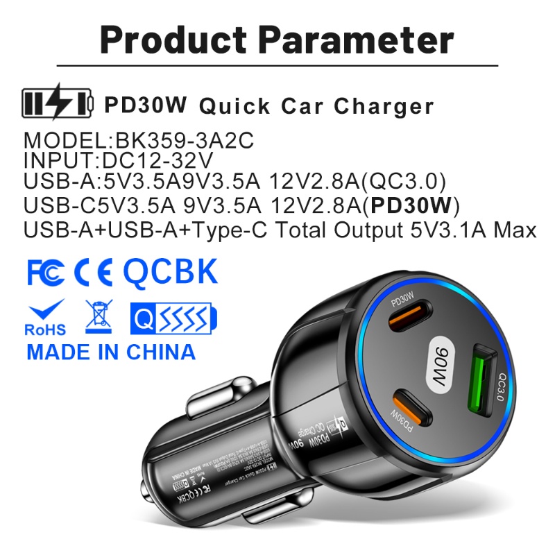 3-in-1 90W Charger Mobil 3port USB +2PD Tipe C Pengisian Cepat QC3.0 Adaptor Telepon Charge Aksesoris Otomatis