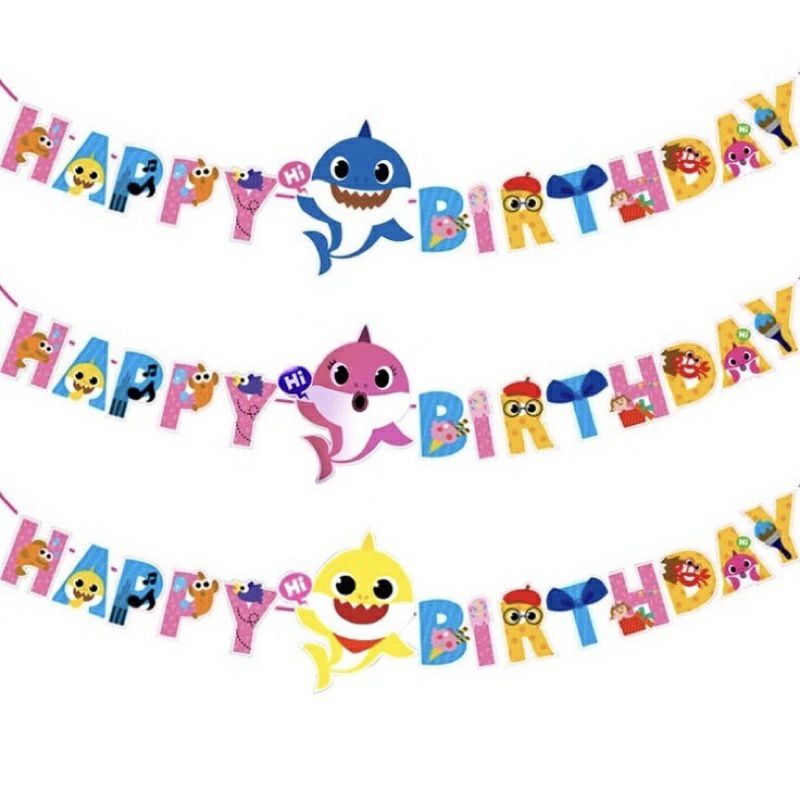 Banner Happy Birthday Baby Shark Besar Pink Kuning Biru / babyshark Backdrop background ulang tahun 