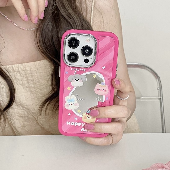 All New Mirror So Cute Pink Animal Party Silicone Soft Case IPhone 11 12 13 14 Pro Max Women's Fashion Gift Electroplated Camera Red Girl Phone Case